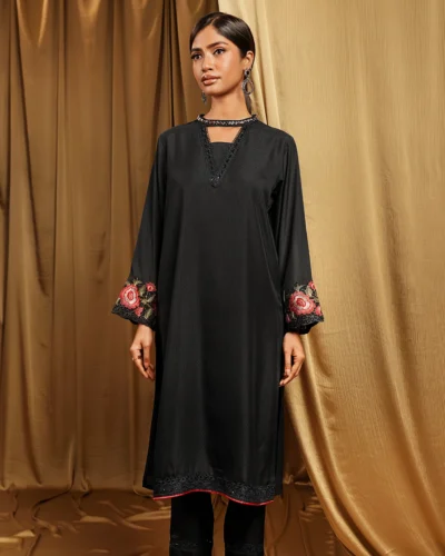 Female Round- Neck Details long Kameez | Black
