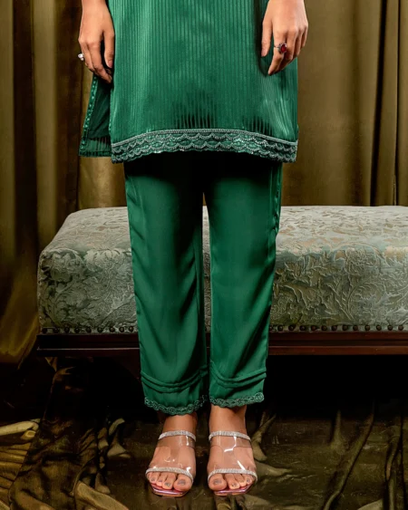 Female Bottom Wide Hem Details Luxury Georgette Regular Fit Pant | Spruce Green
