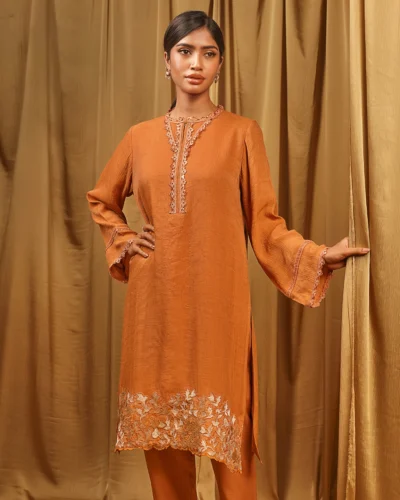 Female Crinkle Chiffon Georgette Short Kameez | Bronze