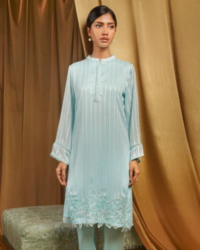 Female Band Collar- Neck Details Short Kamiz | Baby Blue