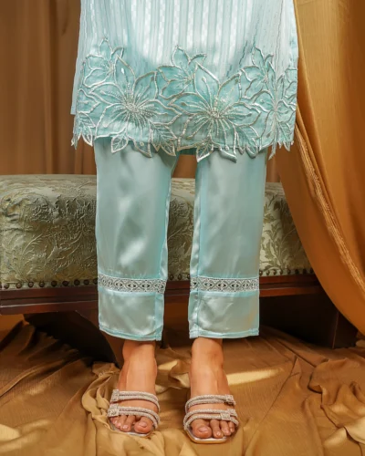 Female Bottom Wide Hem Details Luxury Double Silk Regular Fit Pant |  Light Sky Blue