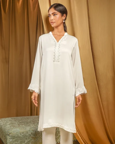 Female Luxury Double Silk Short Kameez | White