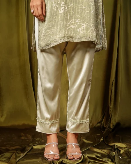 Female Bottom Wide Hem Details Luxury Double Silk Regular Fit Pant | Lime Cream Green