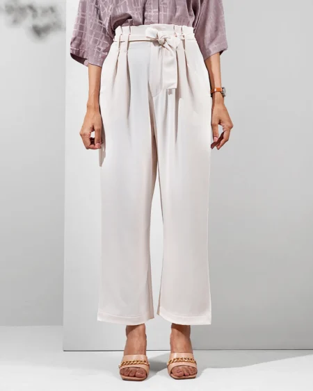 Female Bottom Wide Hem Details Double Georgette Straight Fit Pant | Cream White