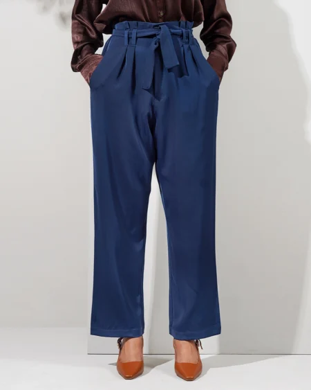 Female Bottom Wide Hem Details Double Georgette Straight Fit Pant | Dark Blue