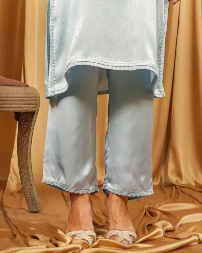 Female Bottom Narrow Hem Details Luxury Fine Georgette Regular Fit Pant | Tropical Blue
