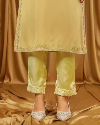 Female Bottom Wide Hem Details Luxury Double Silk Regular Fit Pant | Yellow Sand