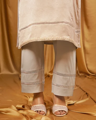 Female Bottom Wide Hem Details Premium Fine Georgette Regular Fit Pant | Ash