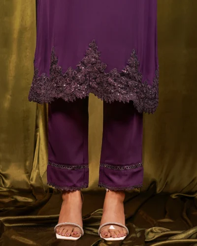 Female Bottom Wide Hem Details Luxury Georgette Regular Fit Pant | Eggplant Purple