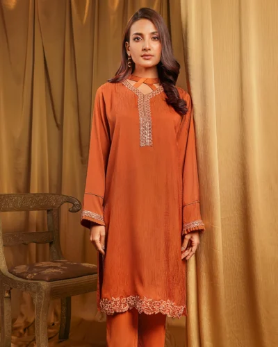 Female Luxury Double Silk Short Kameez | Burnt Ochre