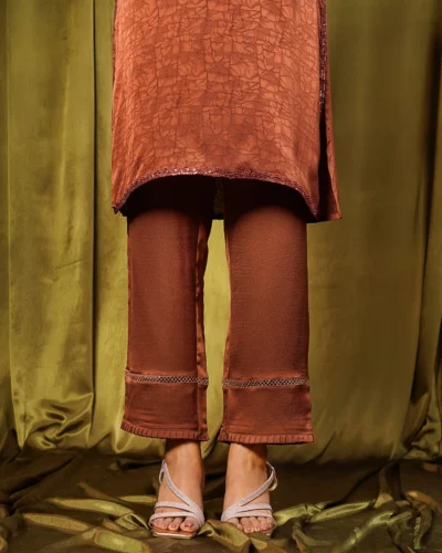 Female Bottom Wide Hem Details Luxury Double Silk Regular Fit Pant | Ginger Bread