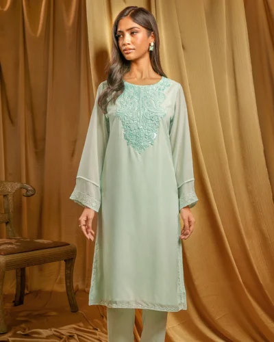 Female Regular Fit Round-Neck Long Kameez | Light Syan