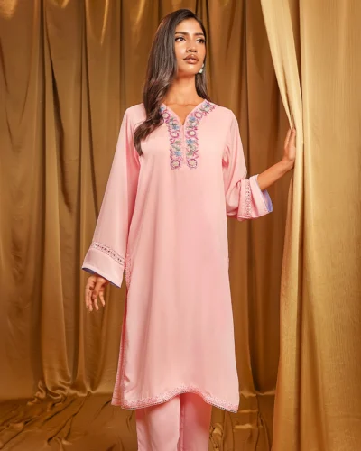 Female Straight Loose Fit V-Neck Details Long Kamiz | Pink