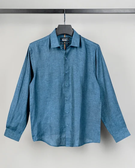 Luxury Linen tie collar tailored fit woven shirt | Gulf Blue