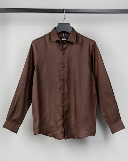 Luxury Linen tie collar tailored fit woven shirt | Chocolate