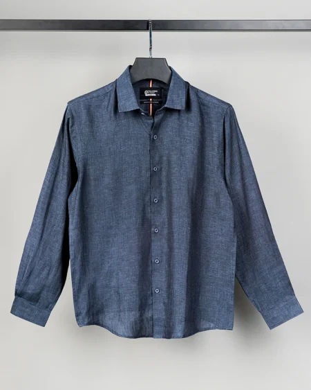 Luxury Linen tie collar tailored fit woven shirt | Navy Blue