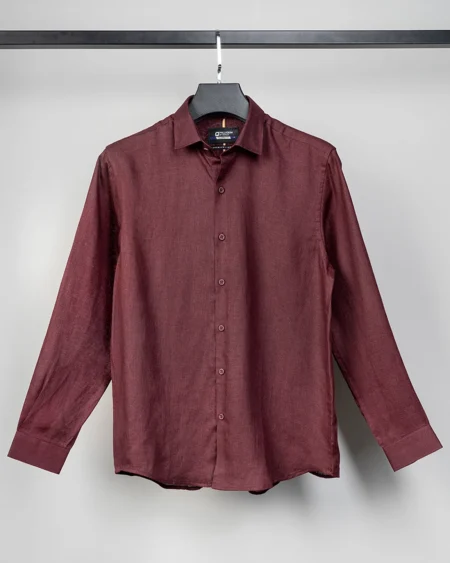 Luxury Linen tie collar tailored fit woven shirt | Wine