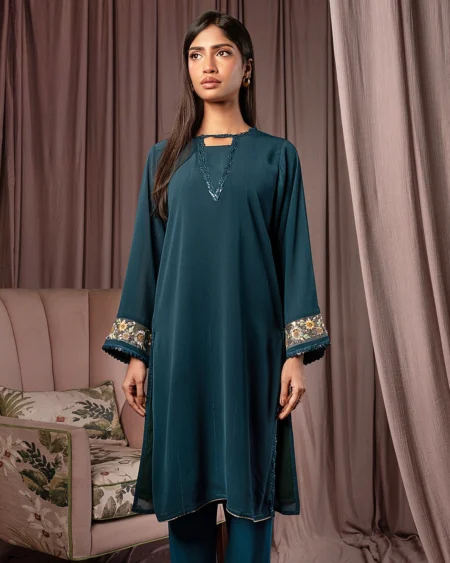Female Regular Fit Round- Neck Details Luxury Double Silk Short Kamiz | Deep Sea Green