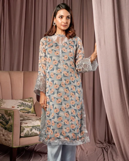 Female Regular Fit Round- Neck Long Kamiz | Skyway Blue