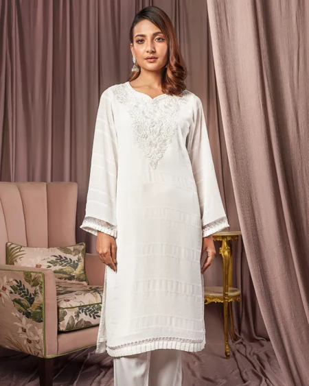 Female Regular Fit Decollete-Neck Long Kamiz | Coconut White