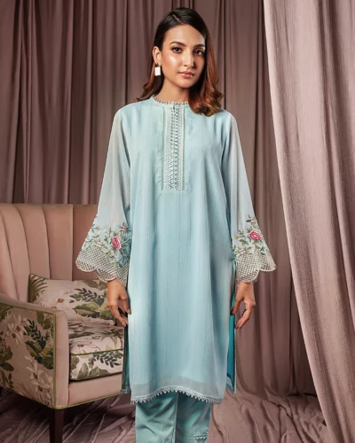 Female Straight Fit Round- Neck Details Zari Crepe Georgette Short Kamiz  | Light Sky Blue