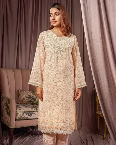 Female Regular Fit Round- Neck Long Kamiz | Cloud Cream