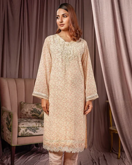 Female Regular Fit Round- Neck Long Kamiz | Cloud Cream