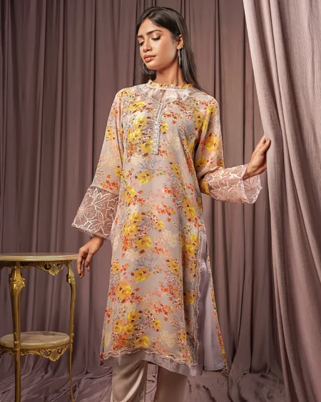 Female Regular Fit Round- Neck Long Kamiz | Light Onion