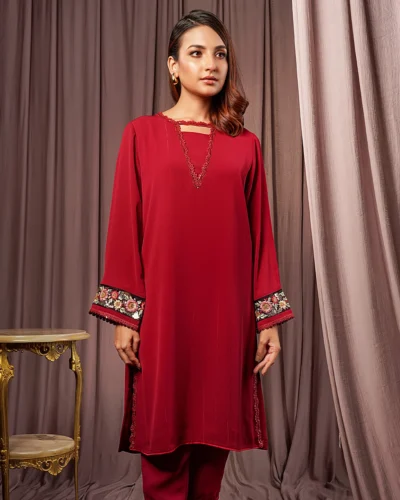 Female Regular Fit Round- Neck Details Luxury Double Silk Short Kamiz | Maroon
