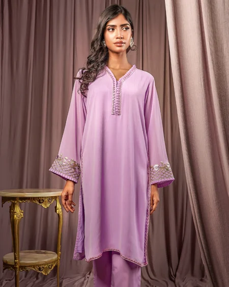 Female Straight Fit V- Neck Details Luxury Zari Crepe  | Lilac Snow
