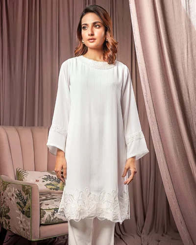 Female Straight Fit Boat- Neck Details Luxury Zari Crepe Georgette Short Kamiz   | Coconut White