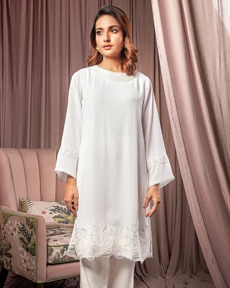 Female Straight Fit Boat- Neck Details Luxury Zari Crepe Georgette Short Kamiz   | Coconut White