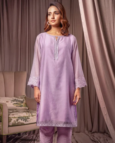Female Straight Fit Boat- Neck Details Momo Check Nylon Short Kamiz   | Lilac snow