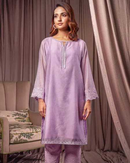 Female Straight Fit Boat- Neck Details Momo Check Nylon Short Kamiz   | Lilac snow