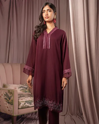 Female Straight Fit V- Neck Details Zari Crepe Georgette Short Kamiz | Eggplant Purple