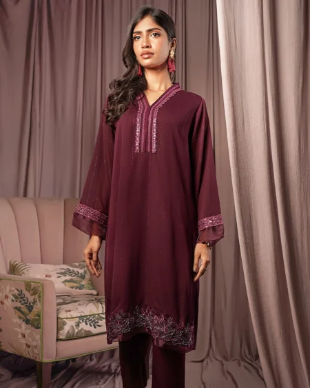 Female Straight Fit V- Neck Details Zari Crepe Georgette Short Kamiz | Eggplant Purple