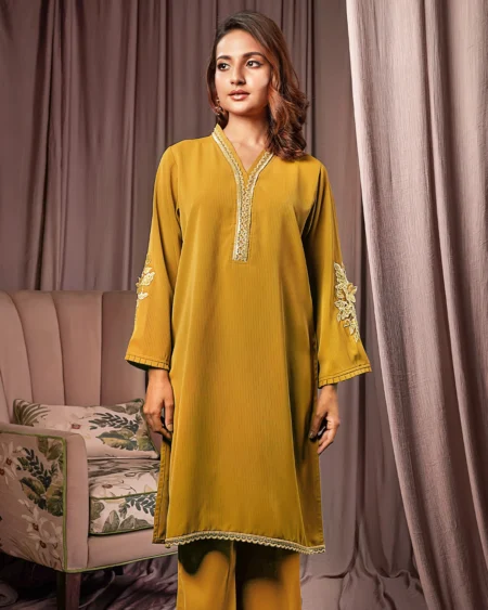 Female Straight Fit V- Neck Details Striped Luxury Georgette Short Kamiz   | Jade Yellow
