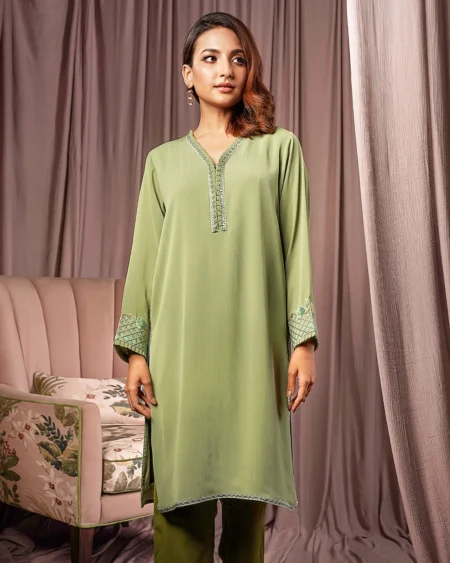 Female Straight Fit V- Neck Details Luxury Zari Crepe  | Asparagus Green