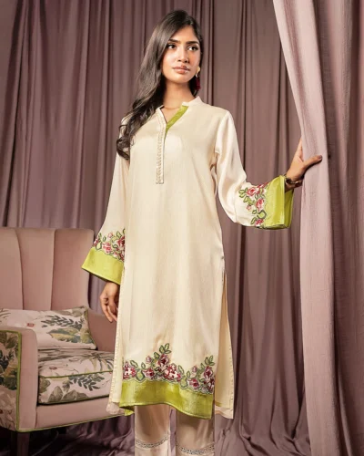 Female Contrast & Embroidery Details Regular Fit Long Kamiz | Cream