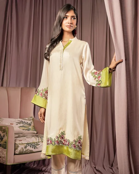 Female Contrast & Embroidery Details Regular Fit Long Kamiz | Cream