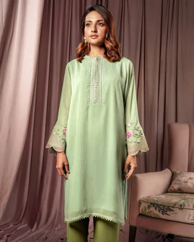 Female Straight Fit Round- Neck Details Zari Crepe Georgette Short Kamiz | Asparagus Green
