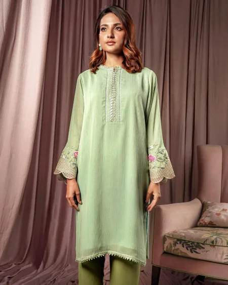 Female Straight Fit Round- Neck Details Zari Crepe Georgette Short Kamiz | Asparagus Green