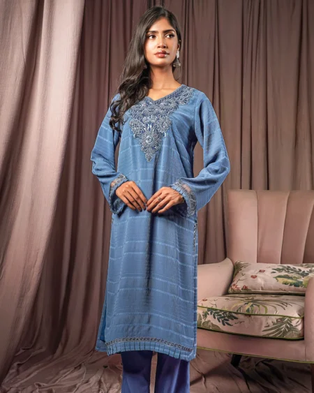 Female Regular Fit Decollete-Neck Long Kamiz | Berry Blue