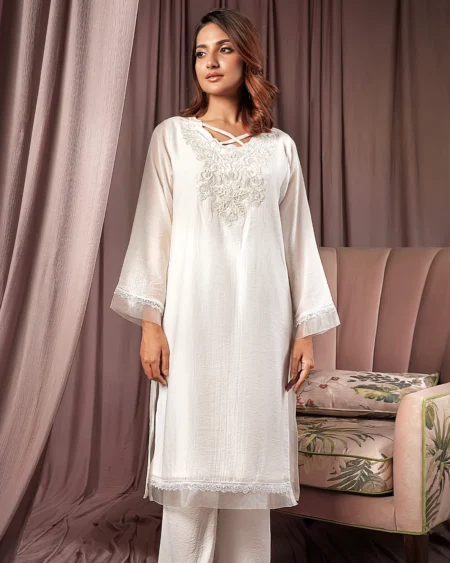Female Loose Fit Signature-Neck Long Kamiz | White