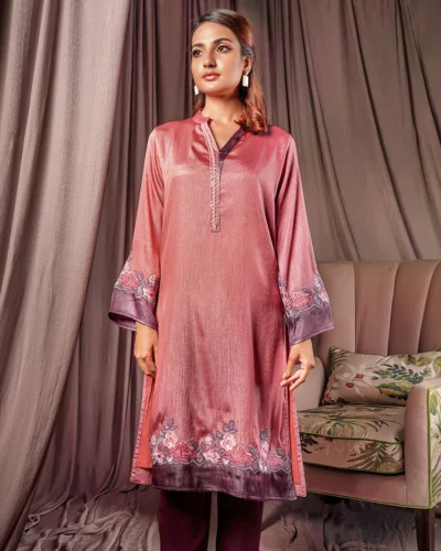 Female Contrast & Embroidery Details Regular Fit Long Kamiz | Geranium Pink