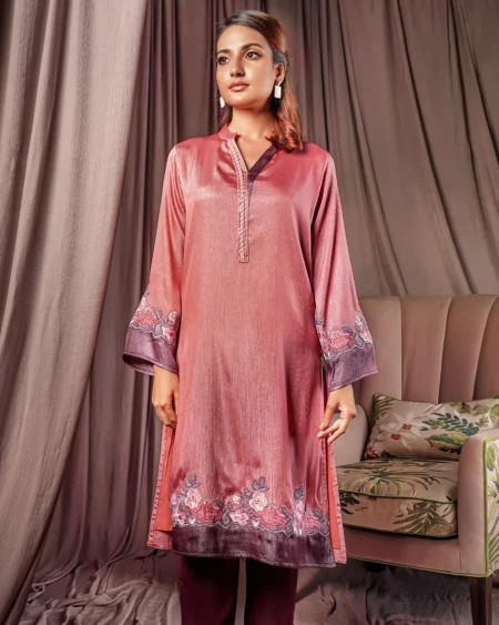 Female Contrast & Embroidery Details Regular Fit Long Kamiz | Geranium Pink