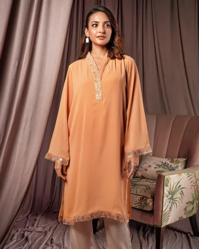Female Straight Fit V- Neck Details Luxury Zari Crepe Georgette Short Kamiz   | Apricot