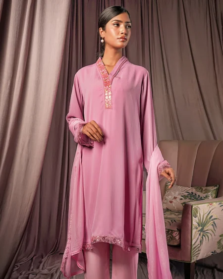 Female Straight Fit V- Neck Details Luxury Zari Crepe Georgette Short Kamiz   | Lavender Pink