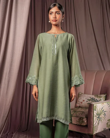 Female Straight Fit Boat- Neck Details Momo Check Nylon Short Kamiz   | Sage Green