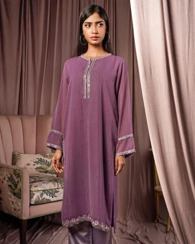 Female Loose Fit Round-Neck Long Kamiz | Lavender Herb